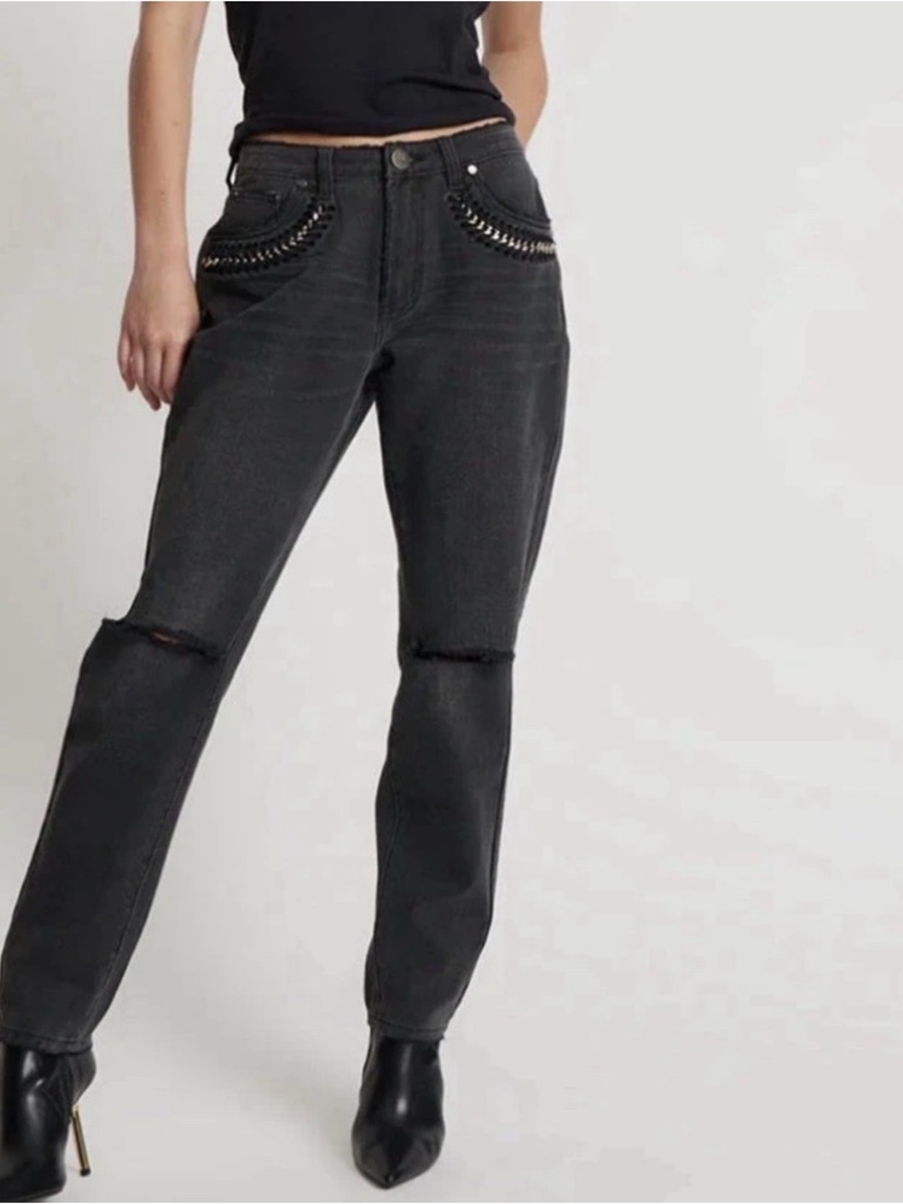 One Teaspoon Black Distressed Straight-Leg Jeans with Embellished Pockets